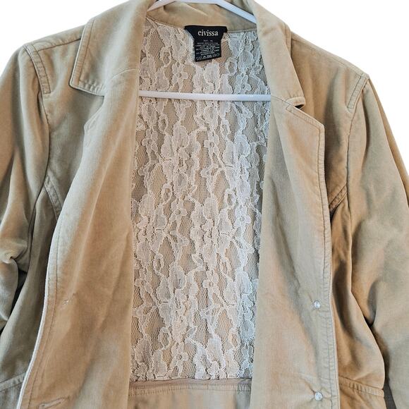 Eivissa Velvet Blazer Jacket Beige Ruffle Lace Size XL Retro Chic, Boho Y2K - Picture 3 of 8